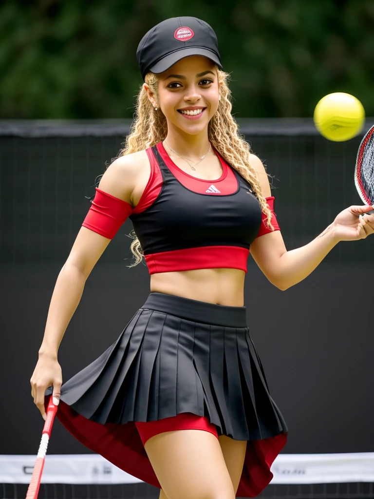 shakira, beautiful, happy smile, playing badminton, red crop top t-shirt, black hat, red pleated skirt