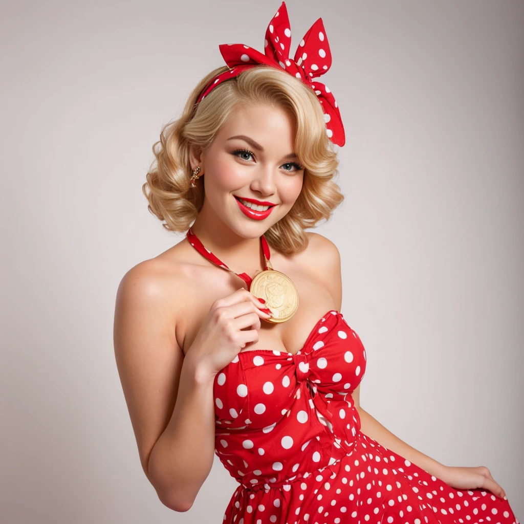 holding a big gold coin near her chest, sexy, attractive, smiling, blonde pin-up girl in a red dress with big polka dots, wavy short pin-up hairstyle with a red bandana, dynamic full-length pose, eye-catching, juicy lips, curved waist , professional shooting, super realism, white background