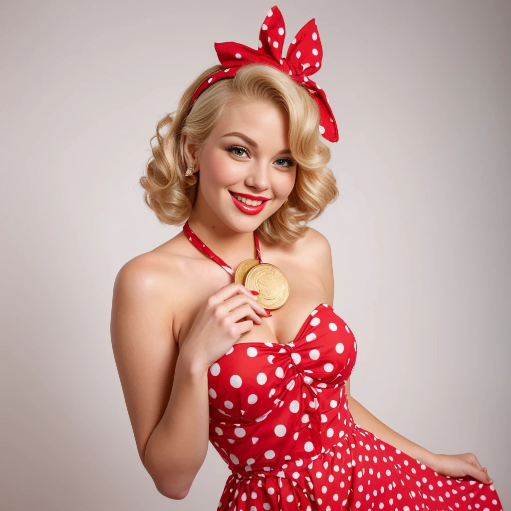 holding a big gold coin near her chest, sexy, attractive, smiling, blonde pin-up girl in a red dress with big polka dots, wavy short pin-up hairstyle with a red bandana, dynamic full-length pose, eye-catching, juicy lips, curved waist , professional shooting, super realism, white background