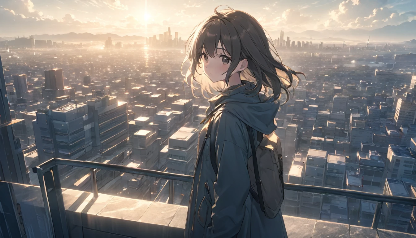 a modern city, daylight, overcast sky, soft sunlight, anime style, 1girl, detailed clothing, detailed background, muted color palette, cinematic lighting, photorealistic, intricate details, high quality, 8k, masterpiece, long shot