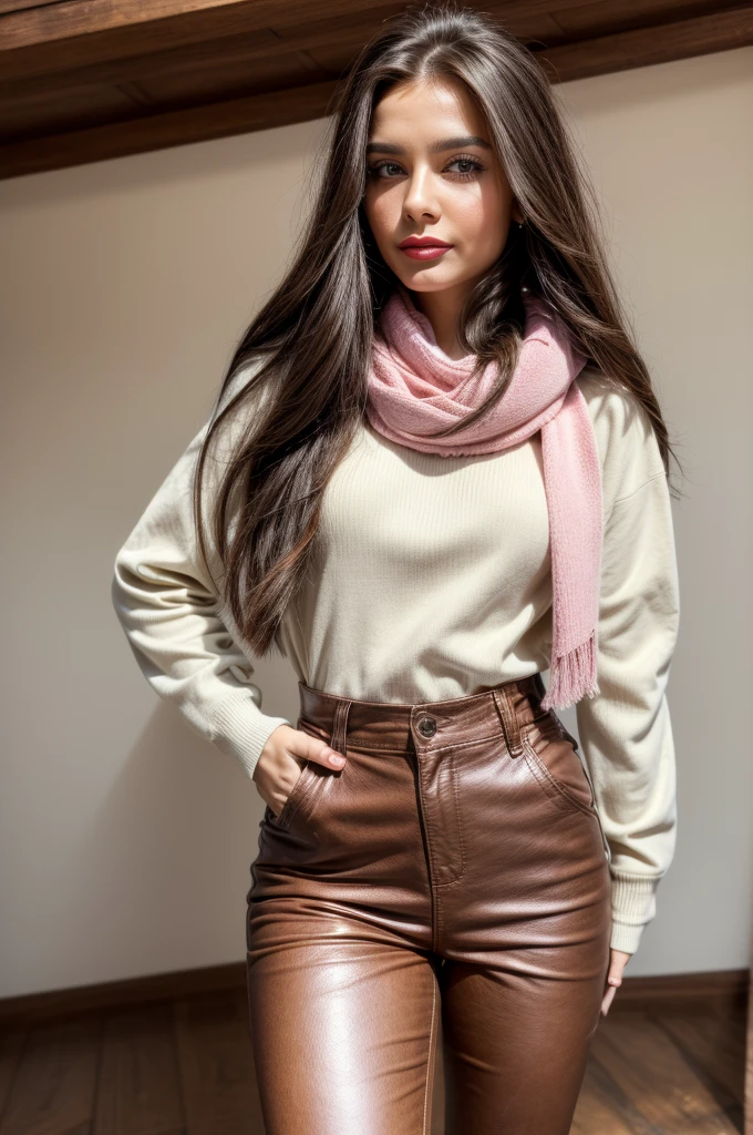 Photorealistic, best quality, hyper detailed, full-body picture. Gorgeous, pretty, warm-hearted, kind-hearted, good-hearted, stunning, cheerful, sweet, polite, sensitive, sensible, shiny, charming, alluring, dreamy, graceful, classy, stylish, flowing quite long brown haired armenian woman with the cutest face, skin, soft make-up, red lipstick, she is wearing a leather jacket, skinny trousers, a beige sweater, riding boots, and a pink scarf.