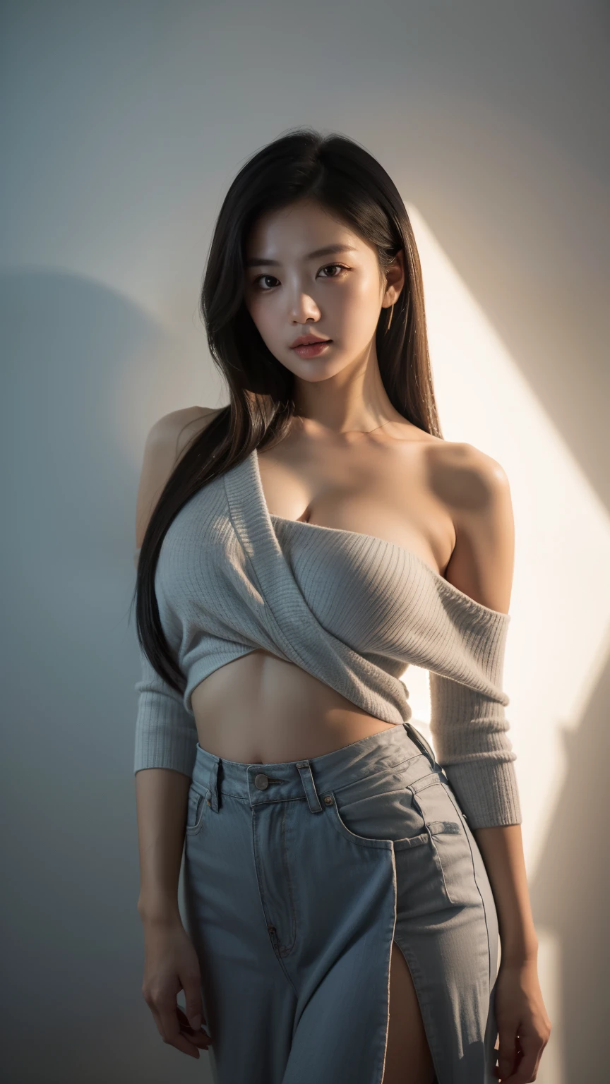 asian babes, She is wearing a casual soft white sweater., comfortable neckline.. ((One shoulder is draped)), Slim shoulders exposed by black bra trap, 그녀의 피부에 빛나는 효과를 만들어내는 빛의 beam에 의해 강조됨. , medium shot , beam, Warm atmosphere , Light through the hair, ((medium shot, whole body, slim waist)), I grew my hair out too、 shining eyes, blush, Karl Larsson, Alphonse a lot, Chiaroscuro, film glen, reflected light, (((long shot))), from the knees up,long shot show (((whole body))), masterpiece, high details, ((gray background, studio lighting ))