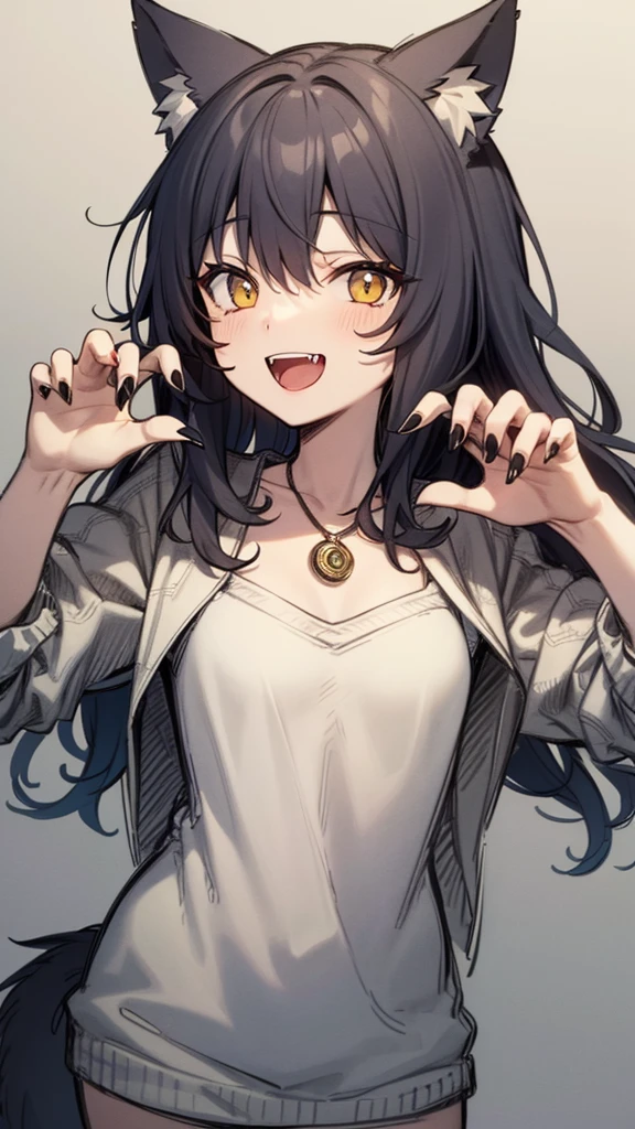 masterpiece, best quality, ultra-detailed, beautiful, nai3, 1girl, solo, smile, wolf girl, wolf ears, wolf tail, fluffy, messy hair, black hair, fangs, open mouth, :d, open jacket, claw pose, sharp fingernails, black nails, (moe artstyle:1.2), (scribble lineart1.2), (messy lineart:1.2), (sketch:1.3)