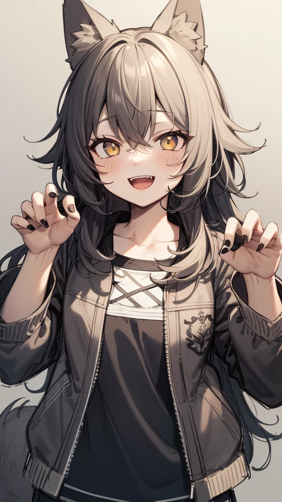 masterpiece, best quality, ultra-detailed, beautiful, nai3, 1girl, solo, smile, wolf girl, wolf ears, wolf tail, fluffy, messy hair, black hair, fangs, open mouth, :d, open jacket, claw pose, sharp fingernails, black nails, (moe artstyle:1.2), (scribble lineart1.2), (messy lineart:1.2), (sketch:1.3)