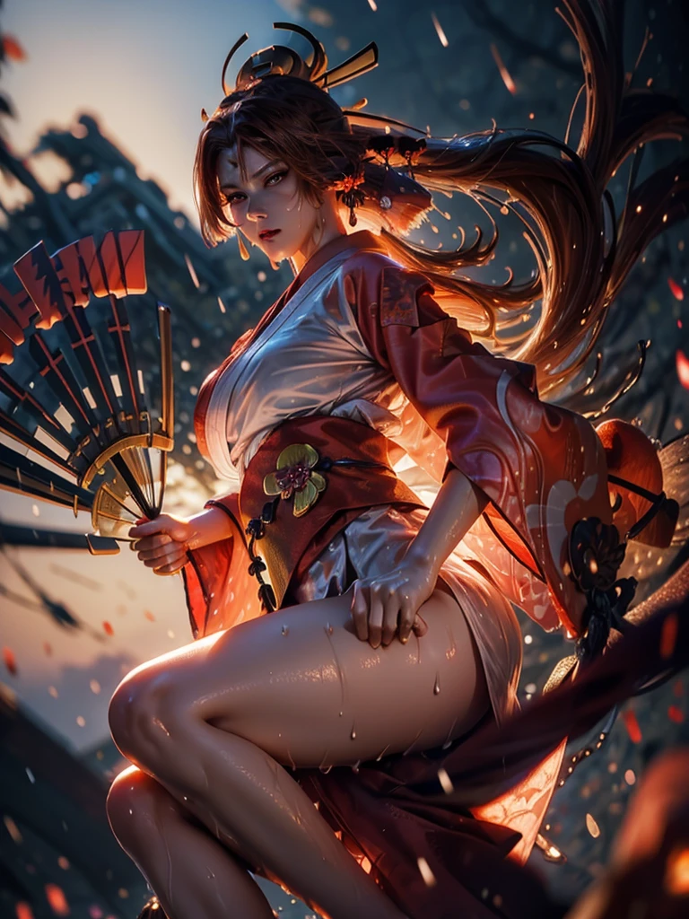 (exquisitely detailed CG unity 8k wallpaper, masterpiece-quality with stunning realism), (best illumination, best shadow), (best quality), (elegant style:1.2), Arti modern anime. angled view, heroic pose, midshot, (cel-shading style:1.3), centered image, ultra detailed closeup portrait of (Mai Shiranui:1) from (King of Fighters), best quality, expressive eyes, perfect face, highres, (ultra details), 1 girl, solo, (brown hair:1), hair ornament, eyeshadow, gold, white and red qipao, highly ornamented, in the city of Japan, portrait, looking at the viewer, piercing eyes, full body, (light from the angle:1) (wind blowing:1.2).(depth of field effects:1.3) (motion action:1.2) (closeup:1.2) (motion blur effects:1), spreading feet, Thin to transparent,see-through,(((Soggy-kimono:1.2))),Lace fabric, (((water-immersed body: 0.9))),jewelry, (lying down:1) (holding an oriental fan on fire:1.1), (hands down:1), (asian face:1)