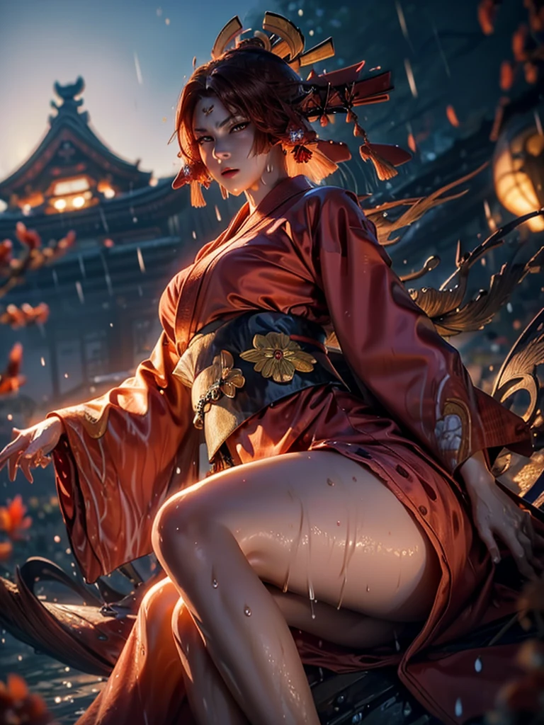 (exquisitely detailed CG unity 8k wallpaper, masterpiece-quality with stunning realism), (best illumination, best shadow), (best quality), (elegant style:1.2), Arti modern anime. angled view, heroic pose, midshot, (cel-shading style:1.3), centered image, ultra detailed closeup portrait of (Mai Shiranui:1) from (King of Fighters), best quality, expressive eyes, perfect face, highres, (ultra details), 1 girl, solo, (brown hair:1), hair ornament, eyeshadow, gold, white and red qipao, highly ornamented, in the city of Japan, portrait, looking at the viewer, piercing eyes, full body, (light from the angle:1) (wind blowing:1.2).(depth of field effects:1.3) (motion action:1.2) (closeup:1.2) (motion blur effects:1), spreading feet, Thin to transparent,see-through,(((Soggy-kimono:1.2))),Lace fabric, (((water-immersed body: 0.9))),jewelry, (lying down:1) (holding an oriental fan on fire:1.1), (hands down:1), (asian face:1)