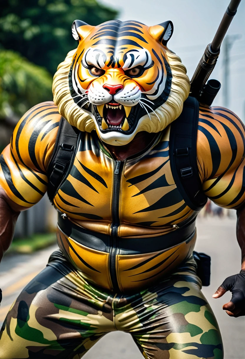 (a dark-skinned fat old man in a bulky camouflage zipper diver suit) shooting with a gun in a field and (wearing realistic roaring tiger mask that show the wearer eyes), muscular, Basuki Abdullah, sumatraism, action, a character portrait, heroic, fierce, snarling
