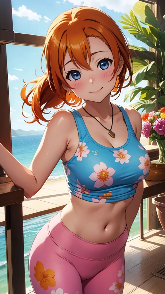 (Masterpiece, Best Quality, High quality), kousaka honoka, orange hair, low ponytail, blue eyes, illustration, beautiful, Blushing, breasts, looking at viewer, flowers printed tank top, yoga pants, solo, curvy body, floral print, confident, seductive smile, (arms behind back, head tilt:1.1), heart pendant, perfect lighting, perfect shadows, flower, (breathtaking scenery:1.1), tree, blushing
