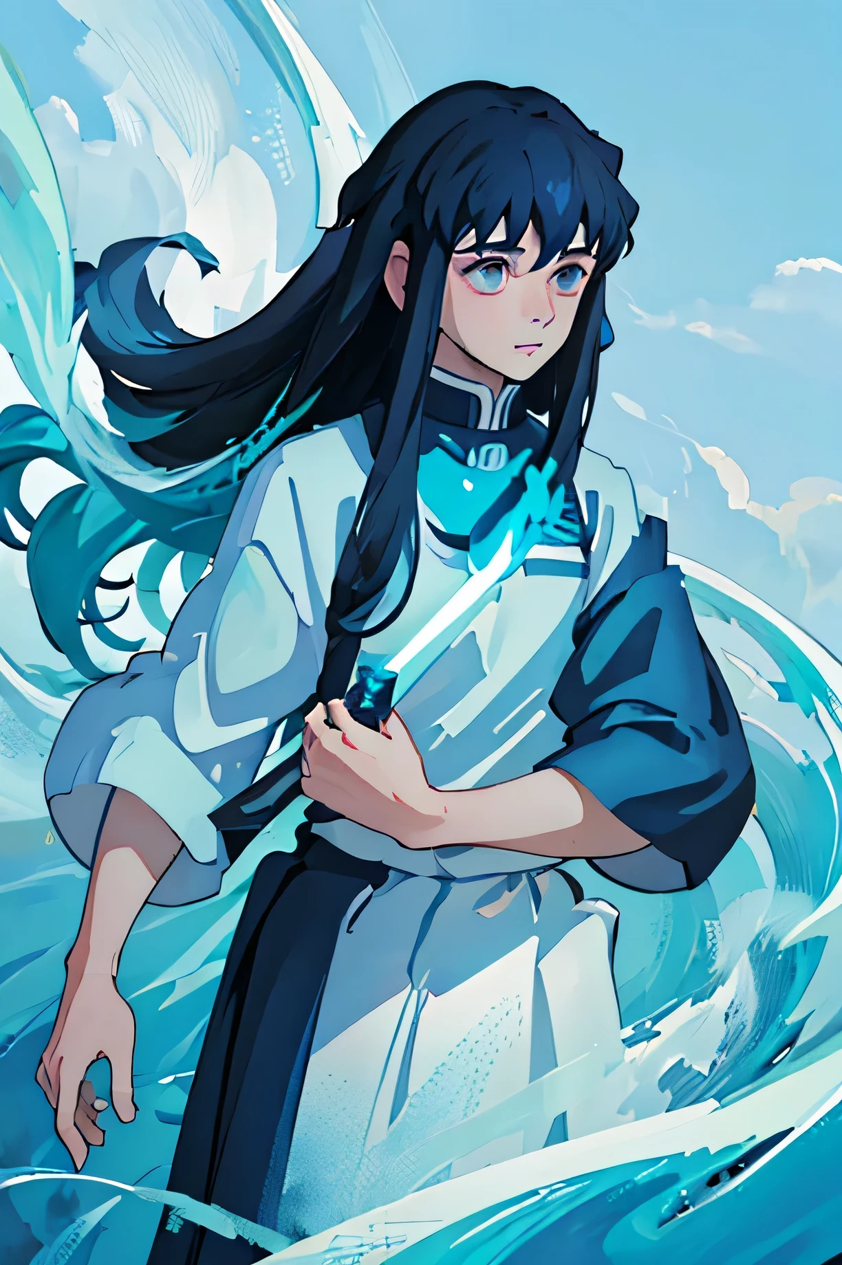 Big school uniform、Black school uniform、Long Hair、Black and light blue gradient hair、hair with light blue tips、Real、Realistic、Live-action adaptation、whole body、Foggy background、haze、male、Handsome、Looking down on me、look down、Blue Sword、Background is blue