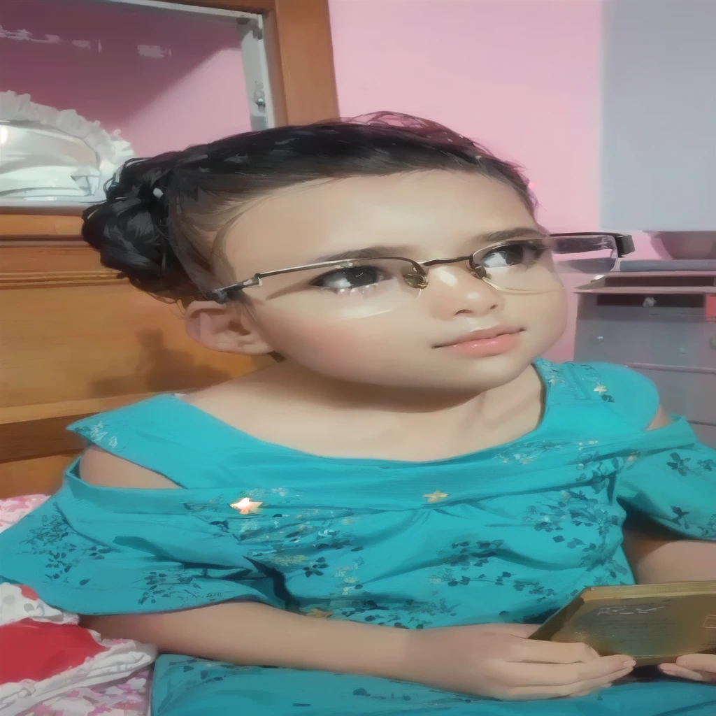 there is a young girl wearing glasses sitting on a bed, 2 years old, girl with glasses, innocent look, with glasses, with cute doting eyes, with glasses on, !!wearing glasses!!, innocent face, !!wearing modern glasses!!, beautiful cute, closeup portrait shot, reyyan, with sunglass, ayan nag, cute beautiful