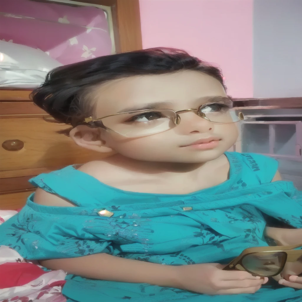 there is a young girl wearing glasses sitting on a bed, , girl with glasses, innocent look, with glasses, with cute doting eyes, with glasses on, !!wearing glasses!!, innocent face, !!wearing modern glasses!!, beautiful cute, closeup portrait shot, reyyan, with sunglass, ayan nag, cute beautiful