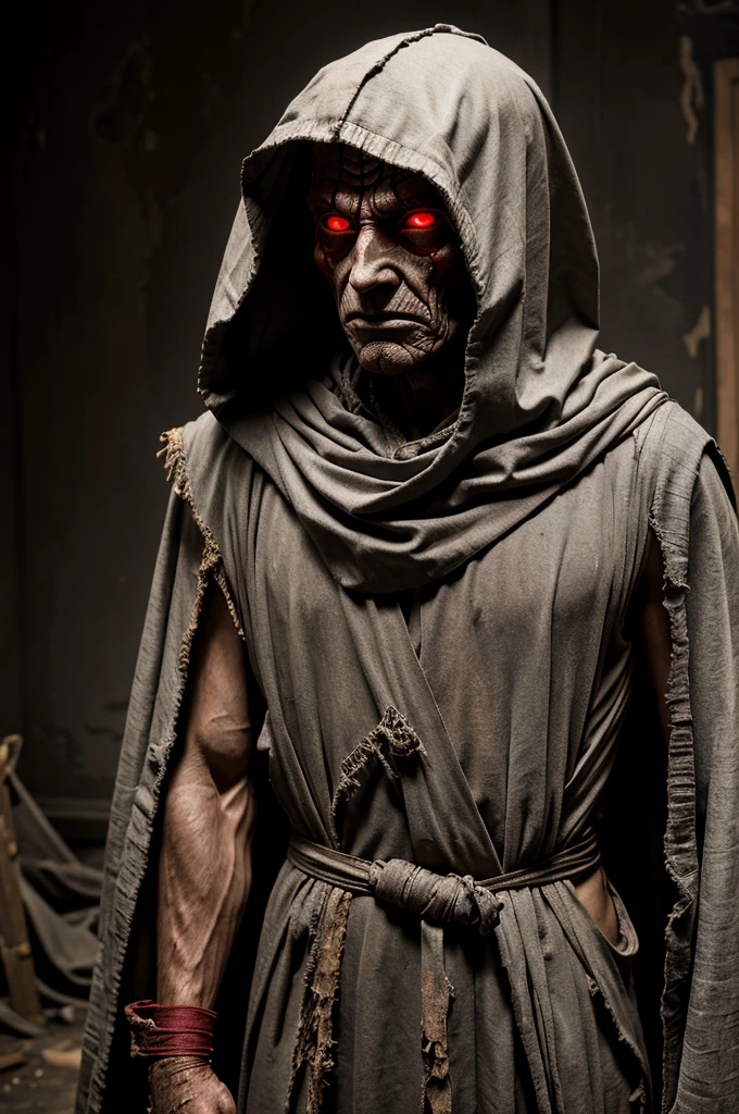 (masterpiece:1.2), absurdres, A photorealtic shot od Mumm-Ra,solo, decaying mummy,a malevolent and ancient sorcerer, , withered, shrouded in rotting bandages, emaciated body. grotesque, skin is a sickly grey, covered in tattered rotting bandages, is body is emaciated, his face is hidden by a hooded red robe, glowing sinister red eyes, malevolent, (highly detailed:1.3)