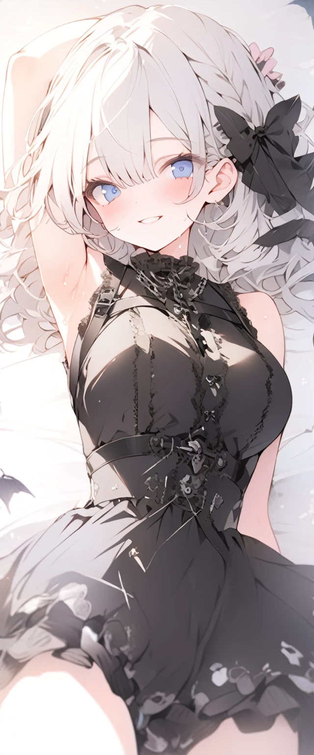 beautiful, masterpiece, Highest quality, anime, One girl, C Cup,Portrait Shot, View your viewers, Covered、Medium Hair、nearby、Blue Eyes、art、、White hair,Blue streaked hair、wallpaper、Cute smile、Thighs、Cute、bed、Beautiful breasts、Full Harness、valley、、Sweat、Armpit、Lying on your back、Gothic ta Coordination