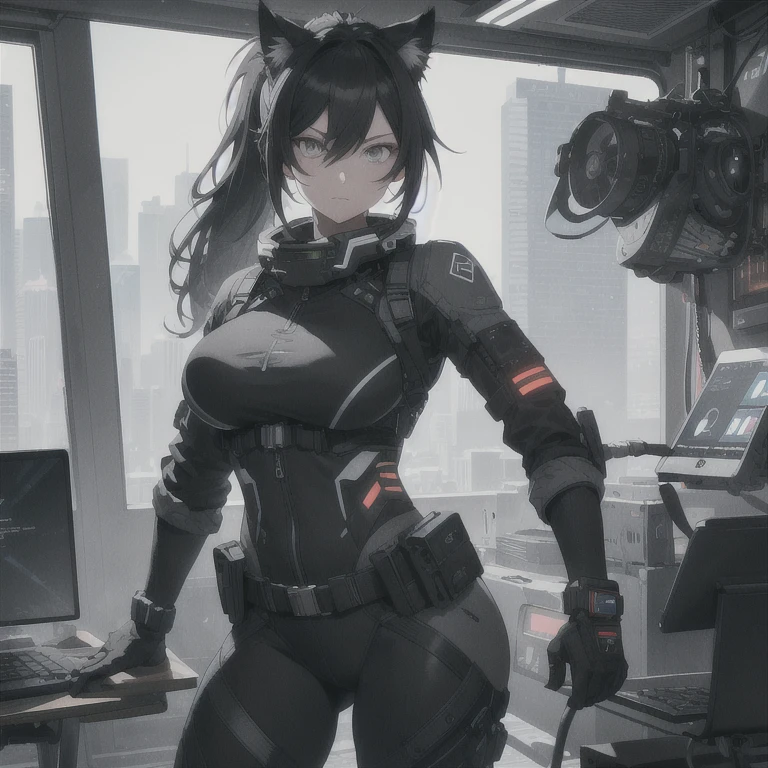 Absurd resolution, high resolution, (masterpiece: 1.4), hyper-detail, full body shot, solo, 1 kemono feline cat woman, black hair, messy ponytail, cute face, detailed soft grey eyes, extremely large bust, huge hyper super swollen breasts, wide full hips, narrower torso, smaller torso, full thicc soft thighs, rounded full soft butt, monochrome black and grey fullbody covering protective padding pilot rugged utility suit with white chest, scifi padded rugged high collar techwear jacket with white and black triangular decals and techwear iconography, techwear gloves, arm mounted strapped display scifi tablet/communication device/computer, rugged tablet display mounted on MOLLE strap on top of her bust, ruggedized computer tablet mounted above her breasts, screen mounted on top of her breasts, ruggedized tech, ruggedized tech aesthetic, fitted utility pants, near future scifi, cyberpunk aesthetic, anime aesthetic
