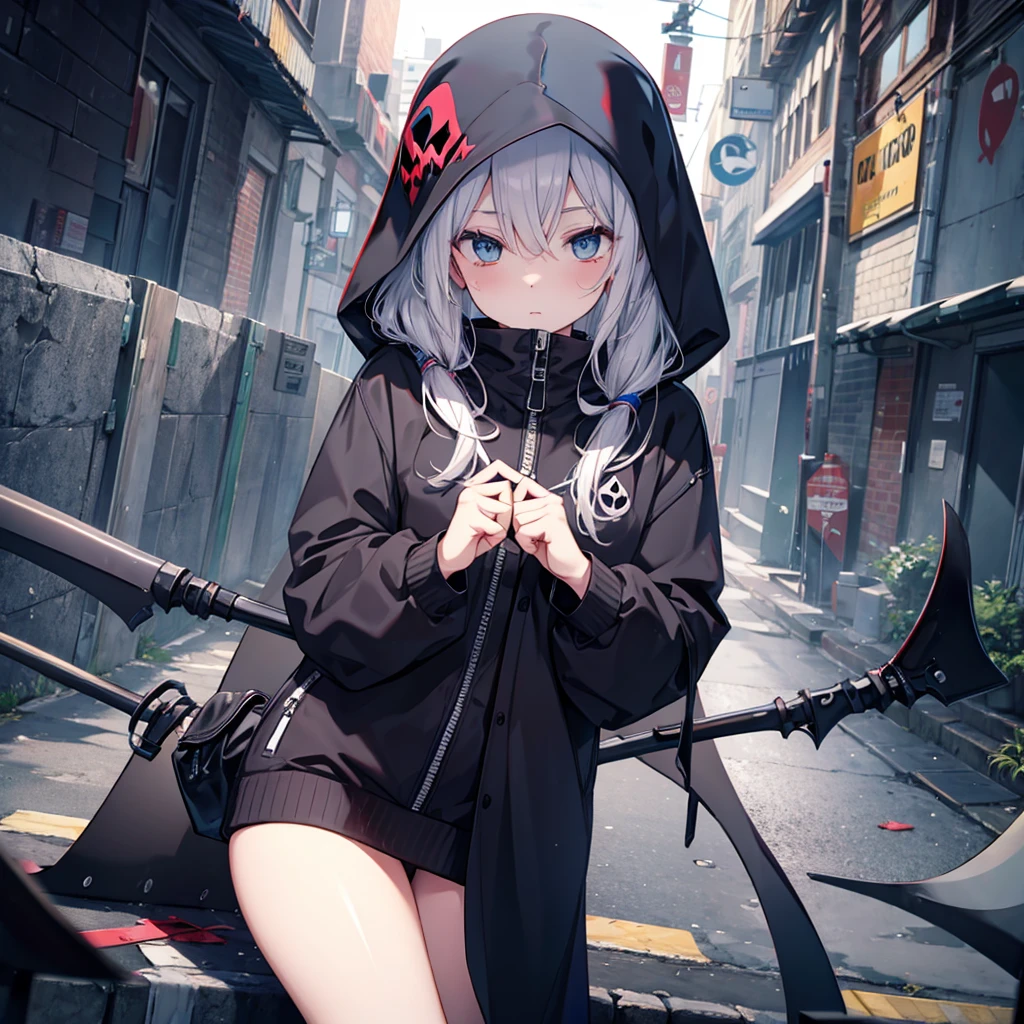 (((grim Reaper's size)))　(((Gray Hair　short hair　blue eyes　woman　Large Breasts)))，((night　full moon　My own big wings))，(Wearing a hood　Black camisole　Purple light)，　A tense look　Shining Background　Shining Edges