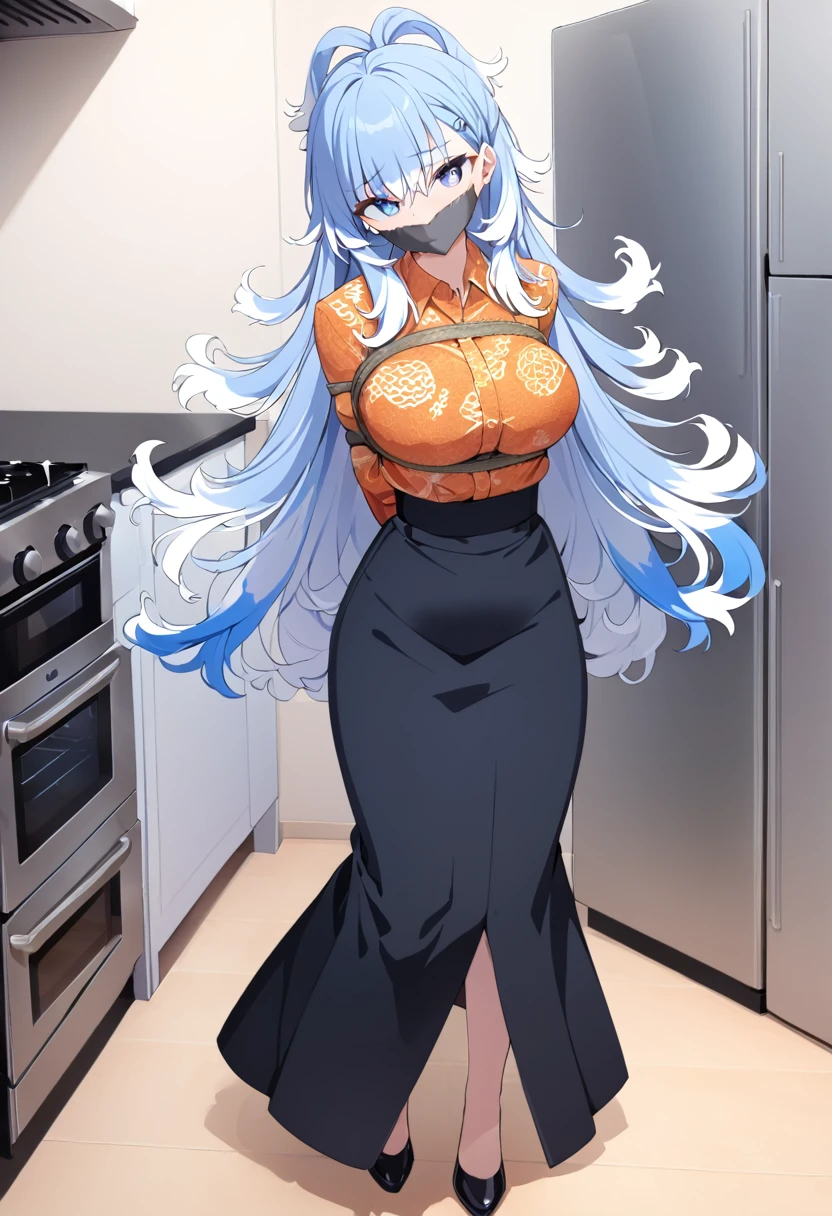 score_9, score_8_up, source_anime, 1girl, solo, KoboKanaeru, blue eyes, long hair, blue hair, colored tips, white hair, high-waist skirt, The uniform features a vibrant, orange batik patterned shirt with long sleeves. A simple black belt cinches the waist.,long skirt, black skirt,, long sleeves, , standing, indoors,house kitchen, (bound with an excessive amount of ropes), (bound wirsts), (arms behind back), (tapegag, tape gag), dramatic,  (looking at viewer), (detailed pupils:1.3),pencil skirt,big breast 