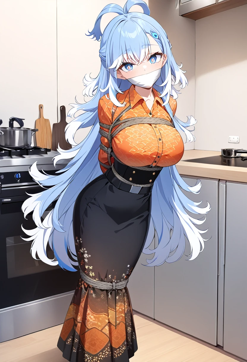 score_9, score_8_up, source_anime, 1girl, solo, KoboKanaeru, blue eyes, long hair, blue hair, colored tips, white hair, high-waist skirt, The uniform features a vibrant, orange batik patterned shirt with long sleeves. A simple black belt cinches the waist.,long skirt, black skirt,, long sleeves, , standing, indoors,house kitchen, (bound with an excessive amount of ropes), (bound wirsts), (arms behind back), (tapegag, tape gag), dramatic, (looking at viewer), (detailed pupils:1.3),pencil skirt,big breast