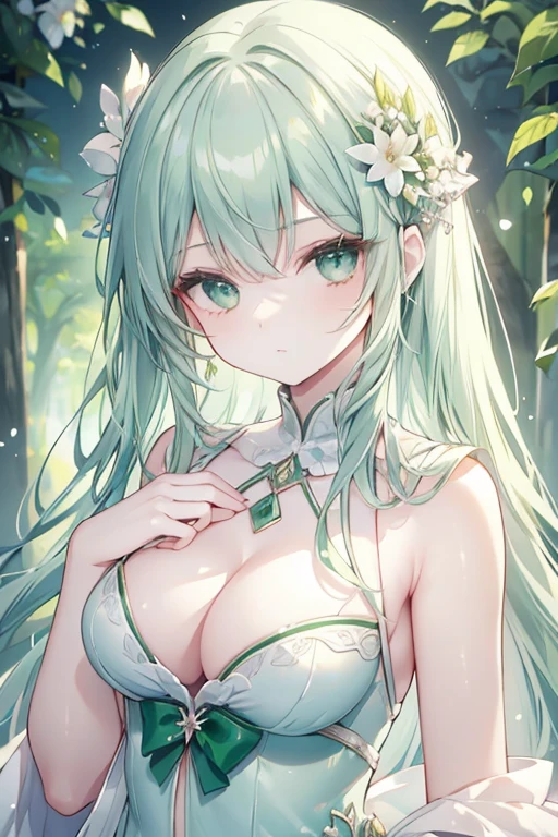 young girl, emerald silver hair, emerald green eyes, beautiful and detailed eyes, ideal chest, green white dress, (beautiful flowering forest)