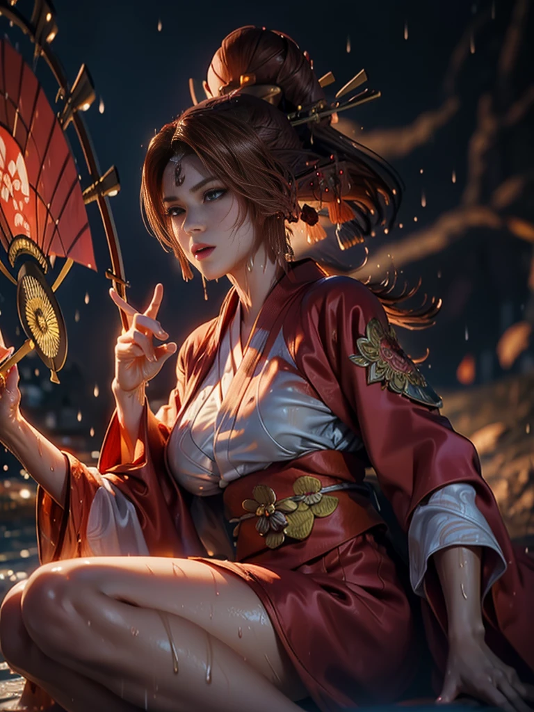 (exquisitely detailed CG unity 8k wallpaper, masterpiece-quality with stunning realism), (best illumination, best shadow), (best quality), (elegant style:1.2), Arti modern anime. angled view, heroic pose, midshot, (cel-shading style:1.3), centered image, ultra detailed closeup portrait of (Mai Shiranui:1) from (King of Fighters), best quality, expressive eyes, perfect face, highres, (ultra details), 1 girl, solo, (brown hair:1), hair ornament, eyeshadow, (gold, white and mainly red qipao:1), highly ornamented, (in Shinjuku, Tokyo:1), portrait, looking at the viewer, piercing eyes, full body, (light from the angle:1) (wind blowing:1.2).(depth of field effects:1.3) (motion action:1.2) (closeup:1.2) (motion blur effects:1), (spreading legs:1), Thin to transparent,see-through, (((Soggy-kimono:1.2))),Lace fabric, (((water-immersed body: 0.9))), jewellery, (lying down:1) (fire in the background:1.1), (asian face:1.2), (nail polish:.6), (makeup:.8), (arms and hands resting:1) (arms down:1) (sexy pose:1), (2 legs:1), (2 arms:1), (2 hands:1), (showing underwear:1)