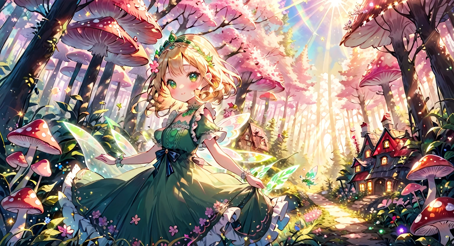 kawaii, whimsical, a beautiful fairy, iridescent green fairy wings, sparkling fairy dust, blonde princess hair, lacey intricate ruffle green princess dress, gem encrusted tiara, fantasy enchanted forest, pink tones, wild flowers, sparkle effects, little pink mushroom houses, pastel colors, sun rays, sunlight, clear, high quality, sharp, best quality, dusk, clear face,