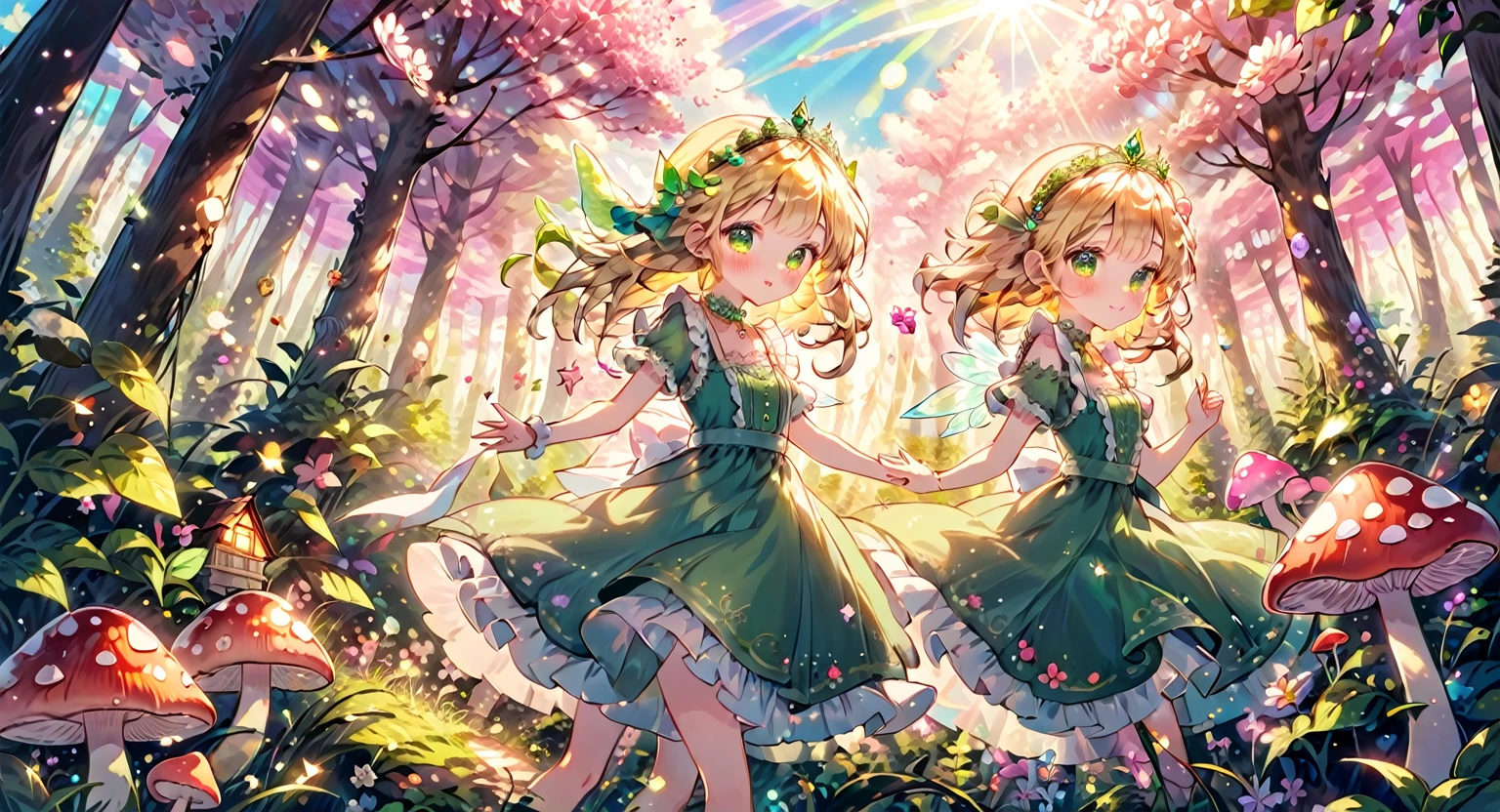 kawaii, whimsical, a beautiful fairy, iridescent green fairy wings, sparkling fairy dust, blonde princess hair, lacey intricate ruffle green princess dress, gem encrusted tiara, fantasy enchanted forest, pink tones, wild flowers, sparkle effects, little pink mushroom houses, pastel colors, sun rays, sunlight, clear, high quality, sharp, best quality, dusk, clear face,