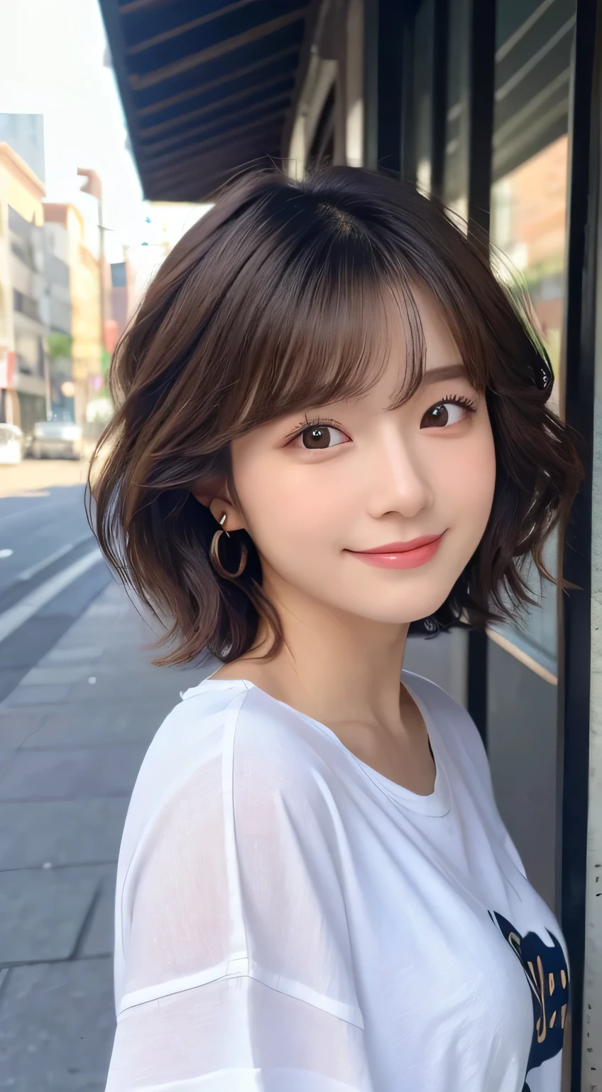 (Highest quality,8K quality,masterpiece:1.3,),(Ultra-high resolution:1.3,Photorealistic:1.4,Raw photo:1.2),(Ultra-detailed:1.2,Glowing Skin,Detailed skin:1.1),(Detailed face,Perfect Anatomy,Caustics:1.2),1 girl,cute,Japanese,22 years old,Japanese Ido,Natural brown hair,Short hair curled outwards,cute目,Natural Makeup,Oversized T-shirt,Laughter,Looking into the camera,On the face,Face Focus,Street Corner,Professional Writing,Natural soft light,