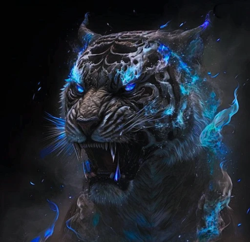 <realistic, intricate details, cinematic), a beautiful ((black  tiger)), with blue flames effects