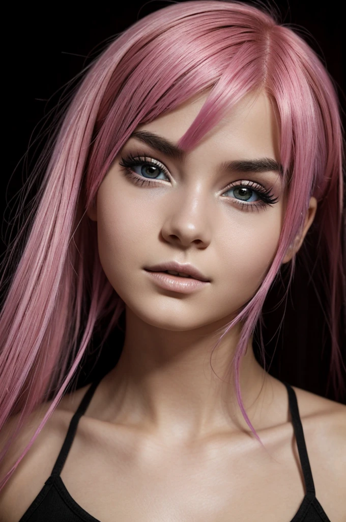 Female humanoid approximately 15 years old with pink hair, exaggeratedly large black eyes, bella 