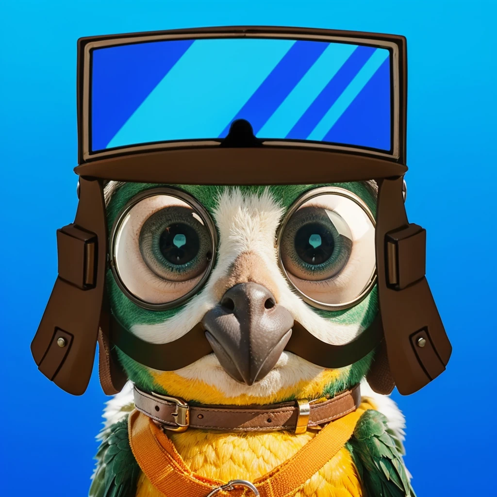A charming cartoon bird character with large, sparkling eyes looking directly at us. The bird has a green and white face with a prominent big black beak. It wears a brown aviator's helmet with detailed straps and buckles, and large, square, reflective goggles, but these are positioned on top of the bird's head rather than being worn properly. The background is a simple, solid white, highlighting the character and adding to the adventurous feel of the image. The art style is vibrant and expressive, capturing a sense of excitement and playfulness