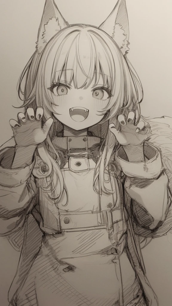 masterpiece, best quality, ultra-detailed, beautiful, nai3, 1girl, solo, smile, wolf girl, wolf ears, wolf tail, fluffy, messy hair, black hair, fangs, open mouth, :d, open jacket, claw pose, sharp fingernails, black nails, (moe artstyle:1.2), (scribble lineart1.2), (messy lineart:1.2), (sketch:1.3)