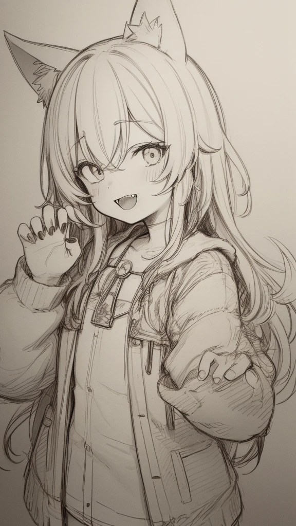 masterpiece, best quality, ultra-detailed, beautiful, nai3, 1girl, solo, smile, wolf girl, wolf ears, wolf tail, fluffy, messy hair, black hair, fangs, open mouth, :d, open jacket, claw pose, sharp fingernails, black nails, (moe artstyle:1.2), (scribble lineart1.2), (messy lineart:1.2), (sketch:1.3)