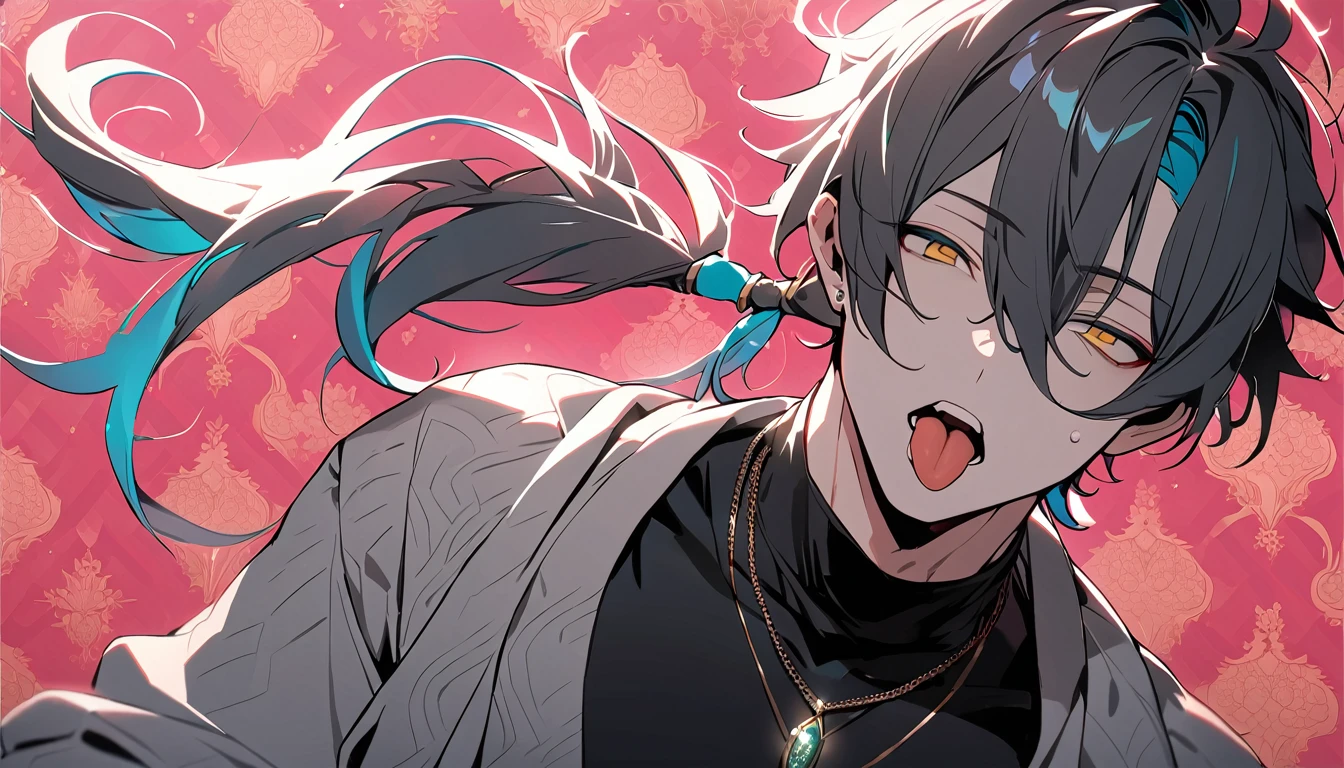 ((((best masterpiece, best quality, wallpaper,)))) solo, guy, male body, small muscles, flat chest, 1male, 30 years old, handsome man, dramatic angle, upper body, looking at viewers, beautiful detailed, tongue out, mediumturquoise hair, ((((Lower short ponytail)))), asymmetrical bangs, ((short hair,)) ((( jitome, gold eyes, ^o^, tareme, droopy eyes,))) (((perfect face, extremely detailed eyes,))) perfect hands, sharp nose, clear face, black turtleneck, grey cardigan, ((silver piercing, pendant,)) leggings, pink background color ultrasharp, 8K, masterpiece,