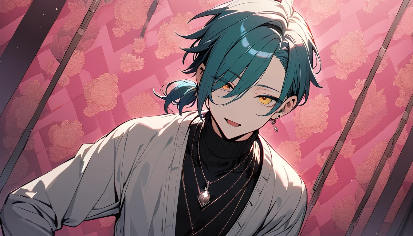 ((((best masterpiece, best quality, wallpaper,)))) solo, guy, male body, small muscles, flat chest, 1male, 30 years old, handsome man, dramatic angle, upper body, looking at viewers, beautiful detailed, tongue out, mediumturquoise hair, ((((Lower short ponytail)))), asymmetrical bangs, ((short hair,)) ((( jitome, gold eyes, ^o^, tareme, droopy eyes,))) (((perfect face, extremely detailed eyes,))) perfect hands, sharp nose, clear face, black turtleneck, grey cardigan, ((silver piercing, pendant,)) leggings, pink background color ultrasharp, 8K, masterpiece,