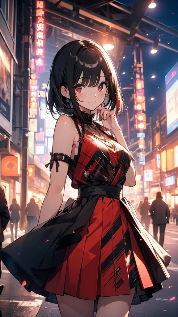 (masterpiece, highest quality, highest quality, (No text), Beautiful and aesthetic:1.2),No text,アニメ、 high resolution BREAK,One Girl,Short black hair Tree Eyes Beautiful eyes Red eyes Cool girl cool smile Red and black costume mini skirt Whole body Detailed eyes and face Night in the city