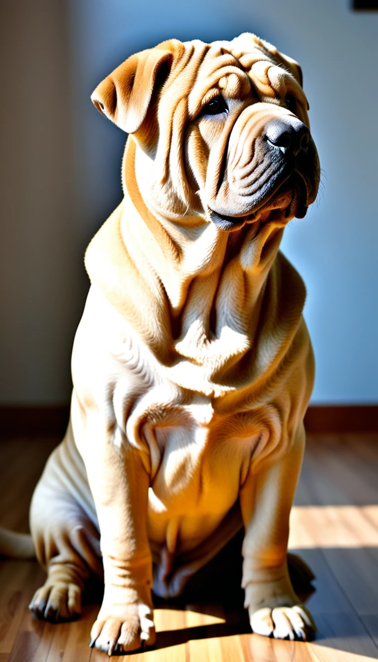 There is no one, realistic photo, photo realism, realism, Shar Pei (Shar Pei), perfect composition, intricate details, Very sharp, masterpiece, profile, high resolution, looking at the viewer, Full body photo in a comfortable atmosphere indoors