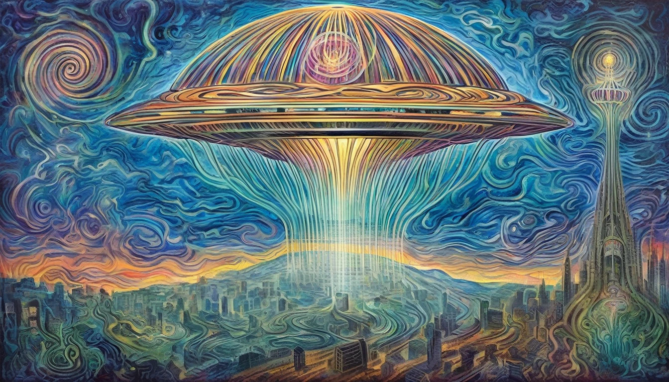 Amanda Sage style, 1 UFO, high contrast, bold color,  extremely detailed, high quality, highly detailed,