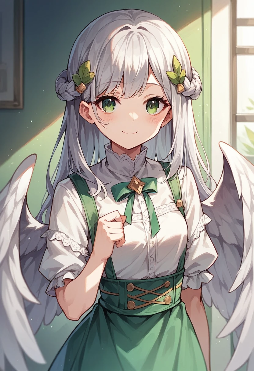 rating:safe, 1girl, long_hair, solo, green_eyes, one_side_up, smile, hair_ornament, silver_hair, blush, looking_at_viewer, wings