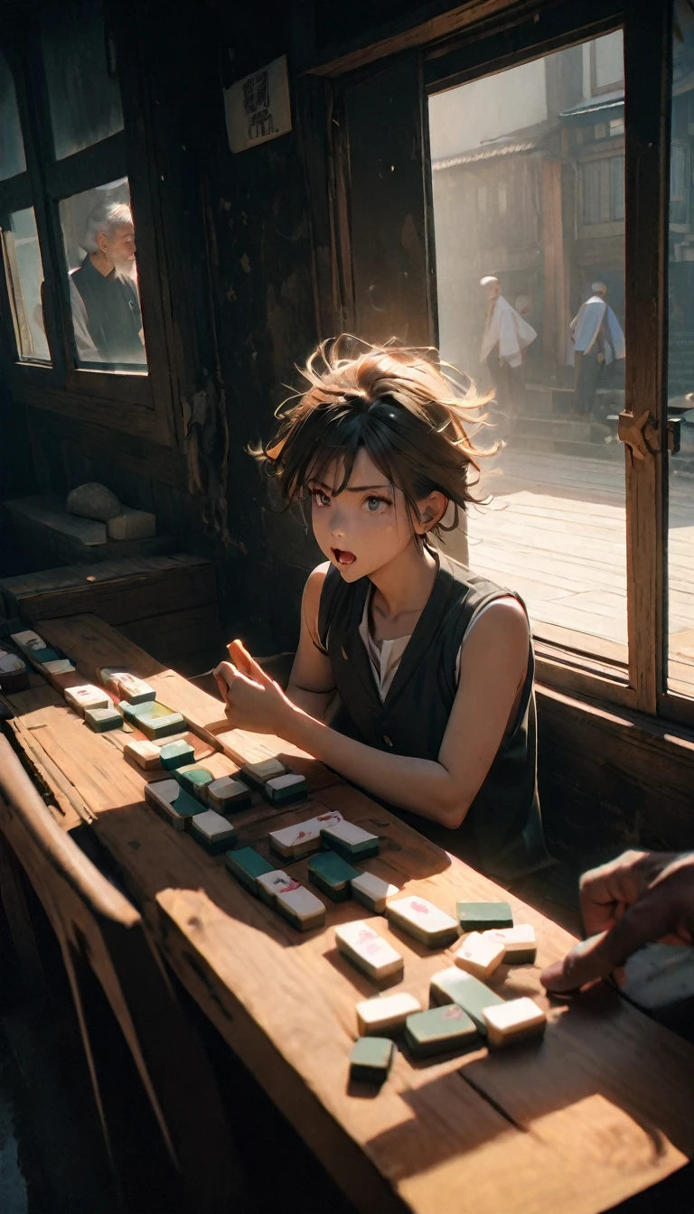 (8K, RAW photos, best quality, masterpiece: 1.4), (((Four oriental uncles playing mahjong)))，Ultra-high resolution, Extremely detailed, light, Close-up of the second floor window, Greasy man, Scruffy hair, Dark skin,dark, Sleeveless vest, Open your mouth to argue,(perfect anatomy:1.2), High-quality shadows, Natural Lighting, (White highlights:1.2), night, cloudy day, (Looking inside the house from the second floor window:1.2), (Room:1.2)