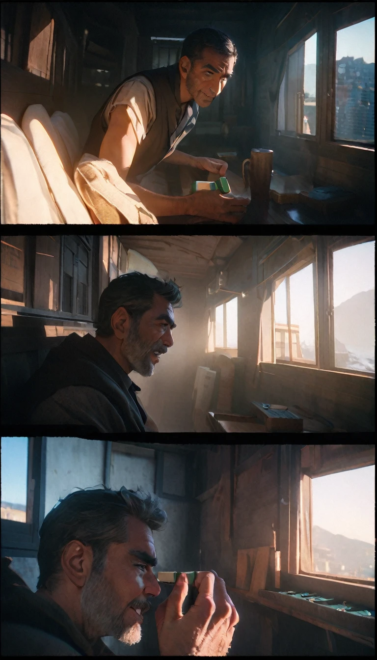 (8K, RAW photos, best quality, masterpiece: 1.4), (((Four oriental uncles playing mahjong))),Ultra-high resolution, Extremely detailed, light, Close-up of the second floor window, Greasy man, Scruffy hair, Dark skin,dark, Sleeveless vest, Open your mouth to argue,(perfect anatomy:1.2), High-quality shadows, Natural Lighting, (White highlights:1.2), night, cloudy day, (Looking inside the house from the second floor window:1.2), (Room:1.2)