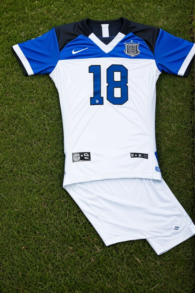 White and blue football shirt lying on a grass with the name SMITH and the number 8 below and black Nike football boots on the side