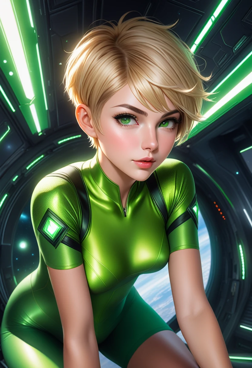 1girl, green lingerie, very short hair, tomboy, very short hair, pixie cut, modern hairstyle, short hairstyle, chic and asymmetrical pixie cut, short blonde pixie hair, very short hair, highlights on hair, green eyes, medium breasts, spaceship interior, masterpiece quality, intricate detail, 4k resolution, ultra hd