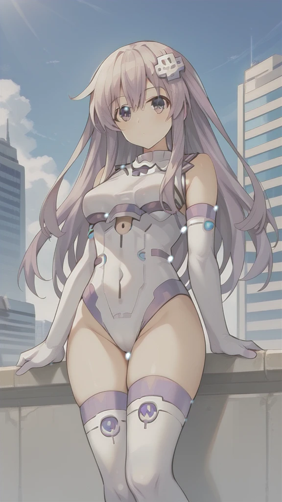 score_9, score_8_up, score_7_up, score_6_up, score_5_up, score_4_up, source_anime, outdoors, science fiction, city, (masterpiece, best quality), fcDetailPortrait, solo, 1girl, nepgear, d-pad hair ornament, white leotard, elbow gloves, white thighhighs