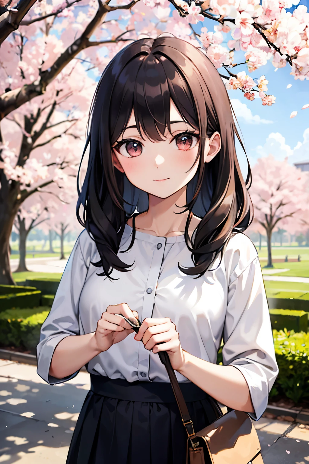 (masterpiece), Highest quality, High resolution, Very detailed, Detailed Background, Perfect lighting, Outdoor, One girl, Cherry tree in full bloom