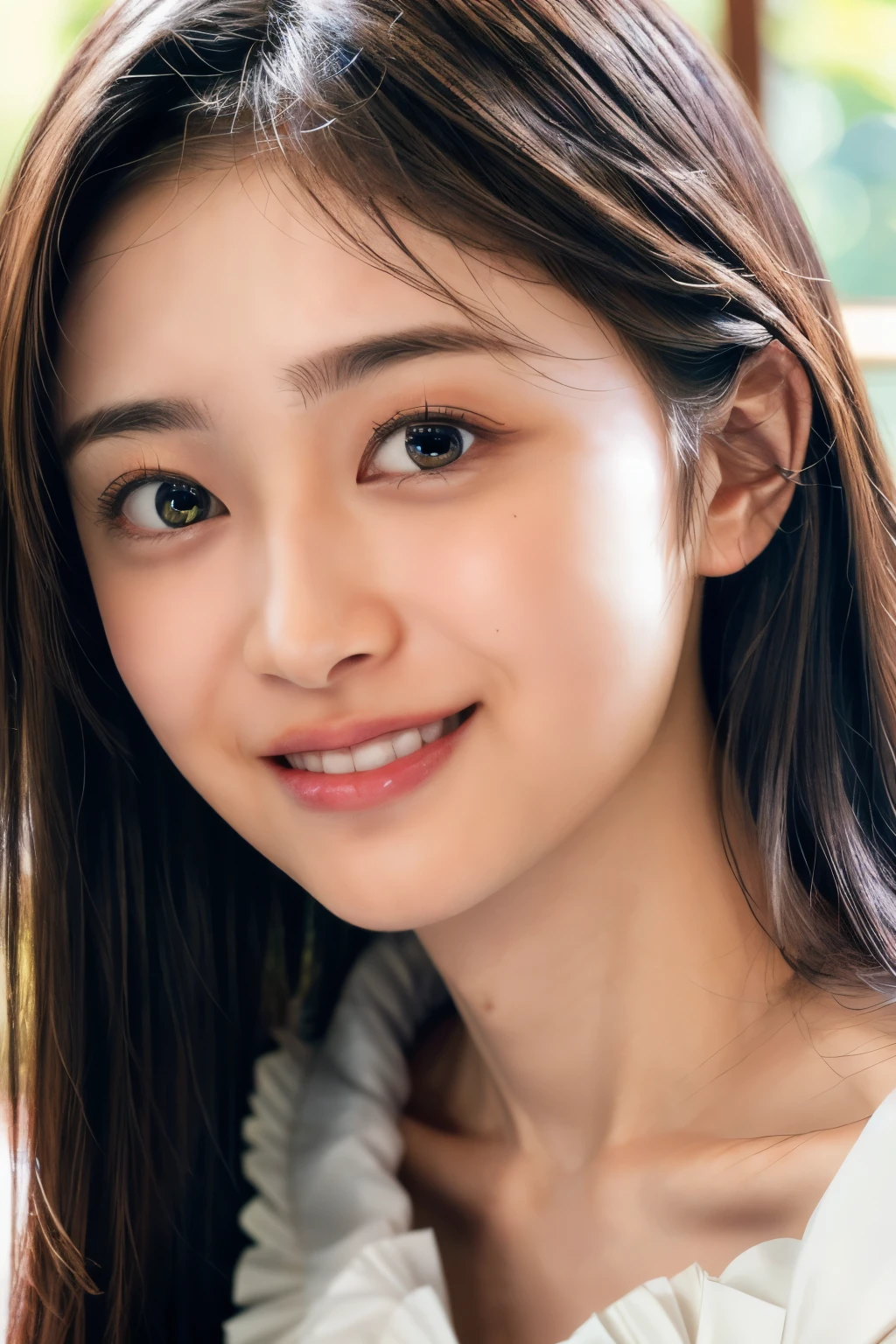 (realistic, photo-realistic:1.4), (best quality,masterpiece:1.2), RAW photo,high resolution,intricate details, extremely detailed, insanely detailed, soft light, cinematic lighting, (portrait, upper body, frontal photography:1.5), solo,1girl, a 19 years old Japanese female idol, (shirt, skirt, collarbone:1.8), (smaller breasts, tiny breasts, flat chest, poor size bust:1.7), (smaller face:1.4),detailed face, beautiful detailed eyes, symmetrical eyes, pale skin, fine-textured skin,dark hair,(straight hair, forehead:1.3), (cheerful grin, smile, parted lips), photo background,indoors,depth of field,,[Nagi Inoue, Nogizaka46 5th generation],