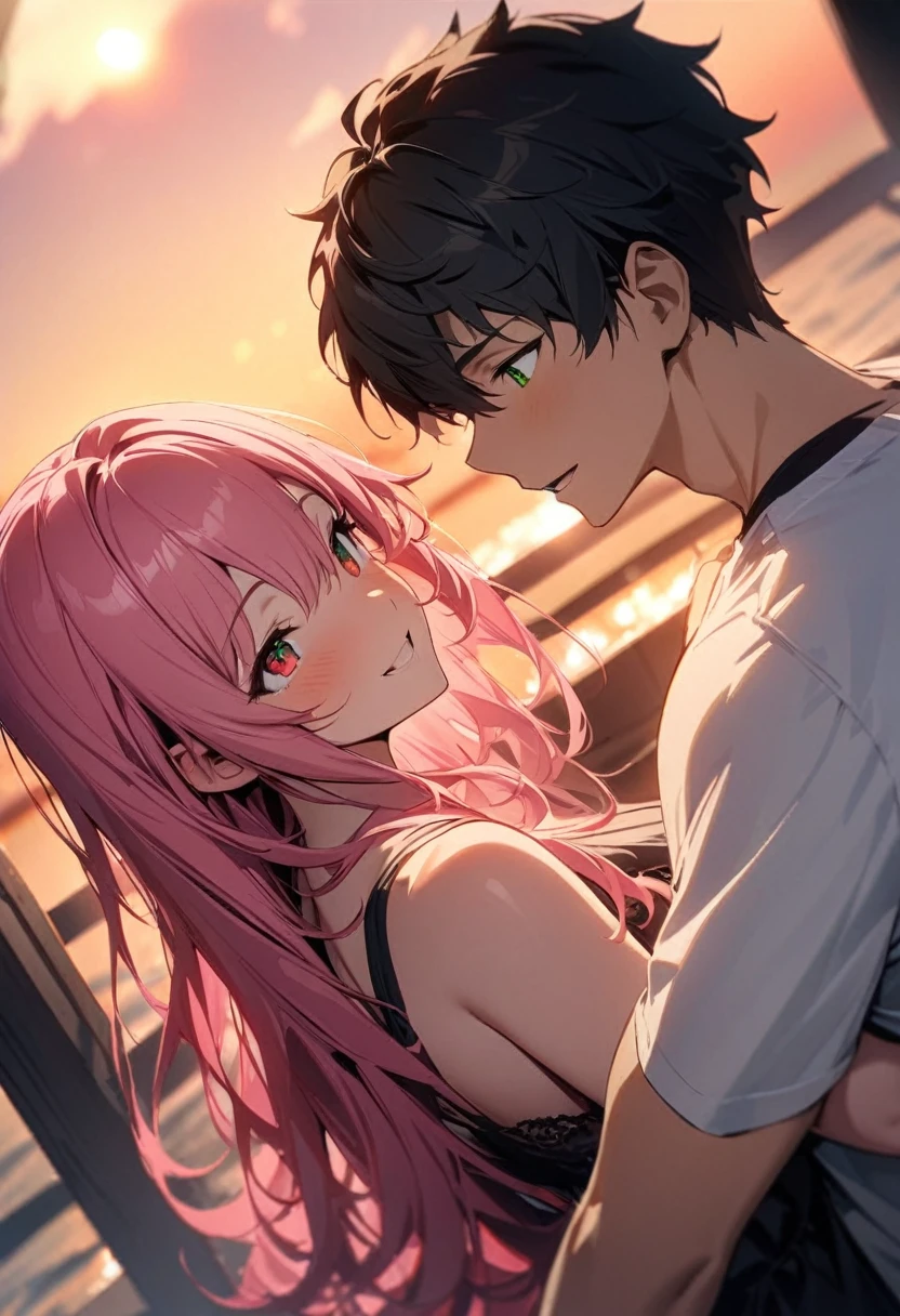 (couple), girl and boy, Gaze at the red sky at sunrise, rear view, 1boy, ((boy with green eyes, short black curly hair)), 1girl, ((girl with red eyes, vibrant pink long hair)), intimate, rich in detail, happy expression, love, long shot, wide angle, (((masterpiece, best quality, aesthetic, heavenly)))
