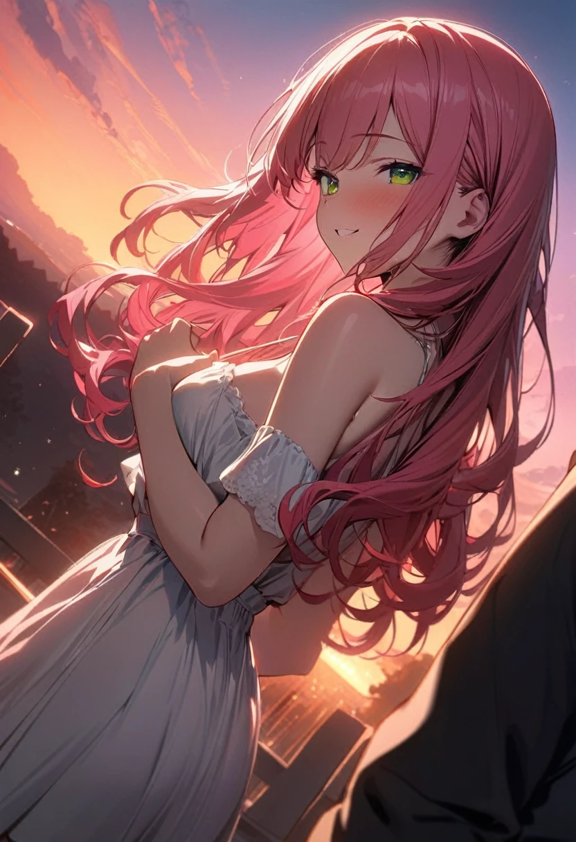 top-quality、tmasterpiece、Very high resolution、super high image quality、High-quality pixels)、perfect eyes, perfect face, perfect body figure,solo,8K, sizable breast,(Detailed description of hair), (Detailed description of face),(Detailed description of body), fair and clear skin, matchless beauty, long legged, pink hair details expressed, The details have been upgraded, light blue eyes, dynamic shooting angles, evening dress, fashion magazine cover, elegant, sophisticated expression