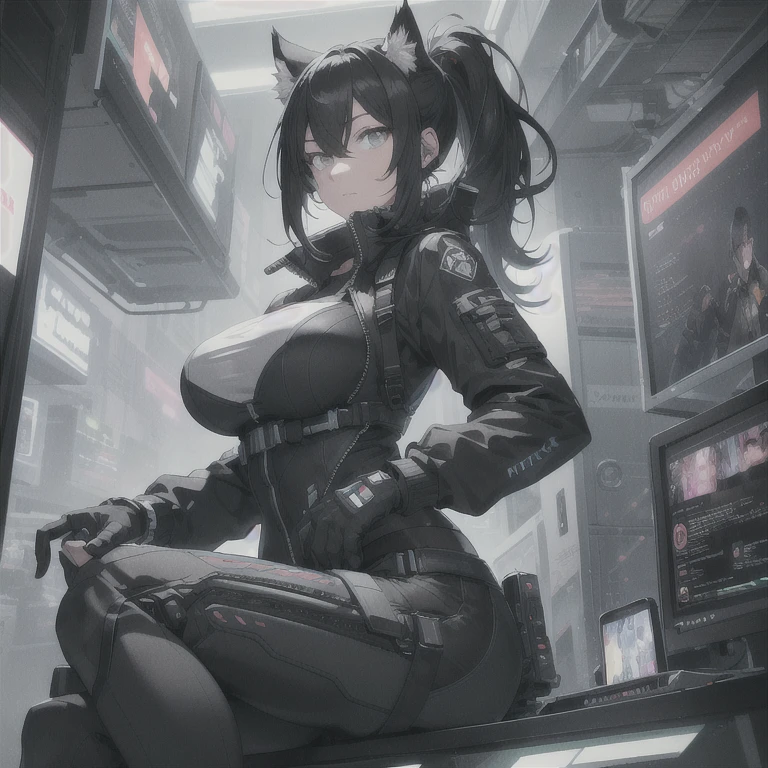 Absurd resolution, high resolution, (masterpiece: 1.4), hyper-detail, full body shot, solo, 1 kemono feline cat woman, black hair, messy ponytail, cute face, detailed soft grey eyes, extremely large bust, huge hyper super swollen breasts, wide full hips, narrower torso, smaller torso, full thicc soft thighs, rounded full soft butt, monochrome black and grey fullbody covering protective padding pilot rugged utility suit with white chest, scifi padded rugged high collar techwear jacket with white and black triangular decals and techwear iconography, techwear gloves, arm mounted strapped display scifi tablet/communication device/computer, rugged tablet display mounted on MOLLE strap on top of her bust, ruggedized computer tablet mounted above her breasts, screen mounted on top of her breasts, ruggedized tech, ruggedized tech aesthetic, fitted utility pants, near future scifi, cyberpunk aesthetic, anime aesthetic