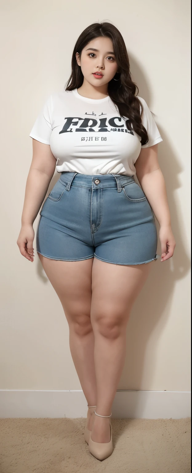 Chubby girl with fat belly and tight thighs, full body, 18-year-old teen, thick hips, thick neck, thick chest, big eyes, wearing a shirt and thight skirt and thight short pants 