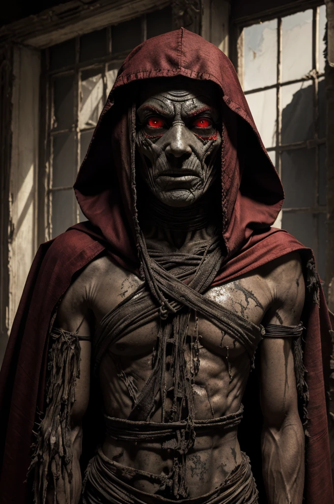 (masterpiece:1.2), absurdres, A photorealtic shot od Mumm-Ra,solo, decaying mummy,a malevolent and ancient sorcerer, , withered, shrouded in rotting bandages, emaciated body. grotesque, skin is a sickly grey, covered in tattered rotting bandages, is body is emaciated, his face is hidden by a hooded red robe, glowing sinister red eyes, malevolent, (highly detailed:1.3)