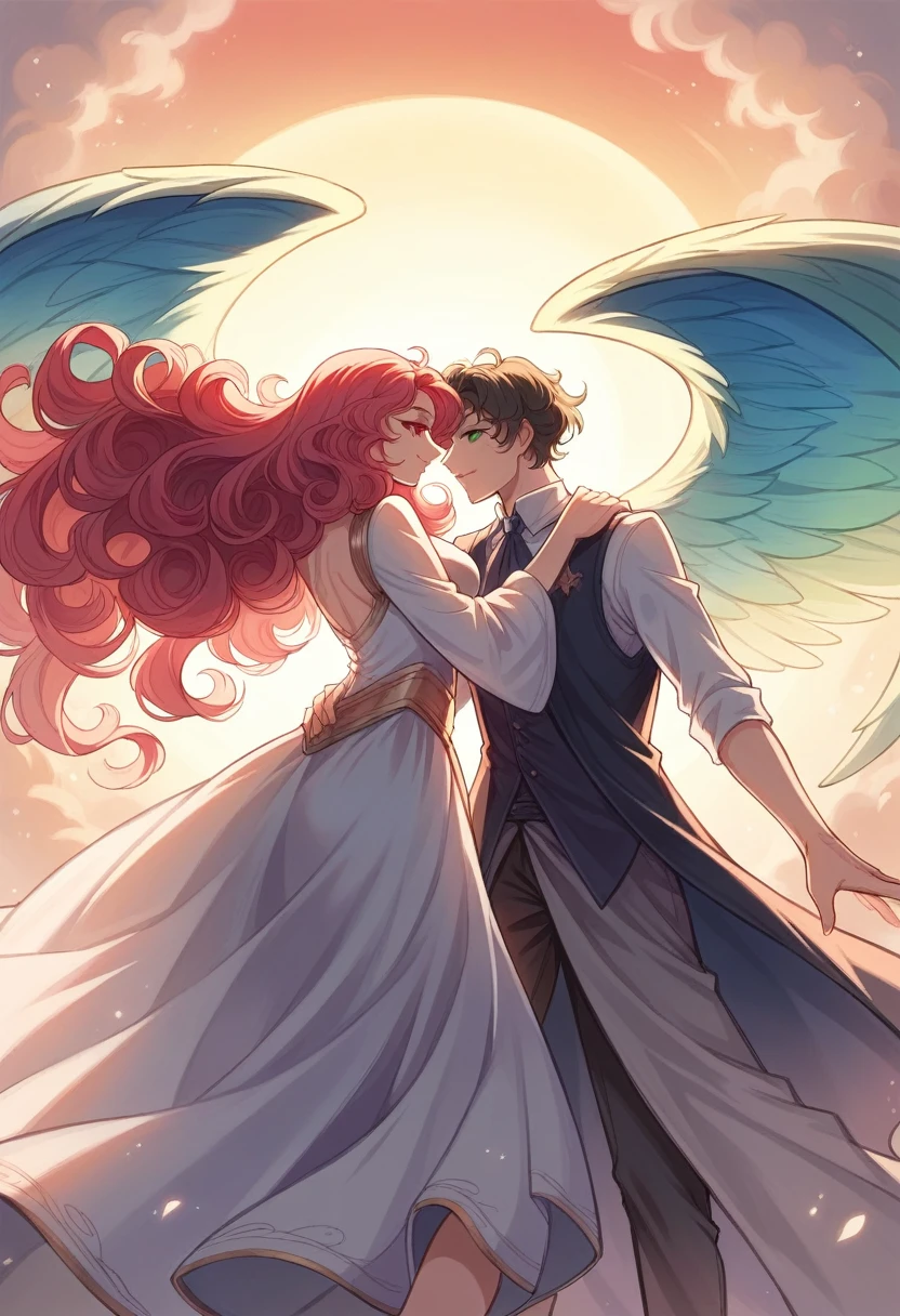 (couple), girl and boy, Gaze at the red sky at sunrise, rear view, 1boy, ((boy with green eyes, short black curly hair)), 1girl, ((girl with red eyes, vibrant pink long hair)), intimate, rich in detail, happy expression, love, long shot, wide angle, (((masterpiece, best quality, aesthetic, heavenly)))